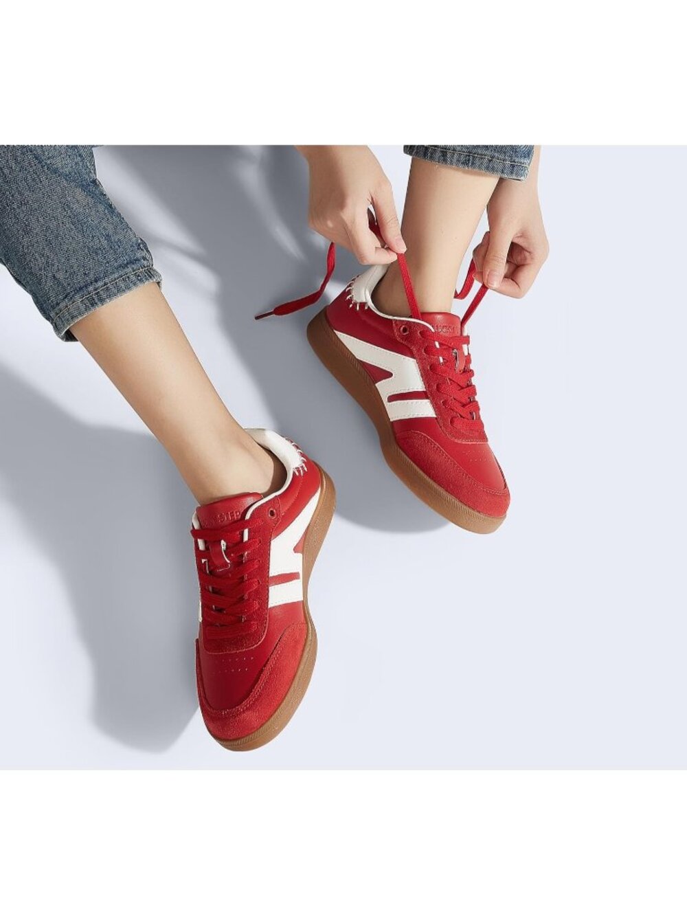 Women Red Leather Retro Gum Sole Leather Sneakers Anti Slip Walking Shoes - Picture 2 of 6